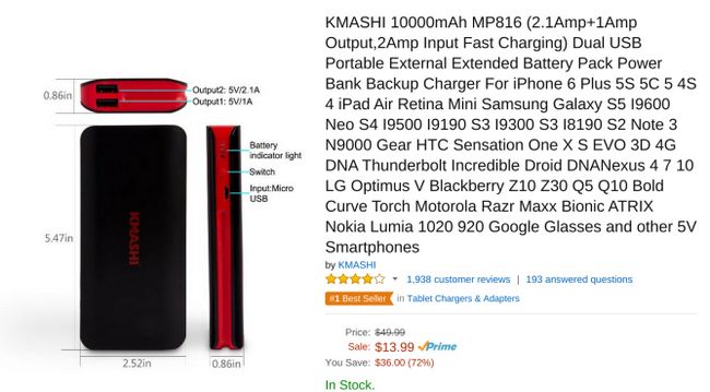 Fotografía - [Offre Alerte] Compact KMASHI 10000mAh Batterie Externe Moins de 10 $ sur Amazon Après Coupon
